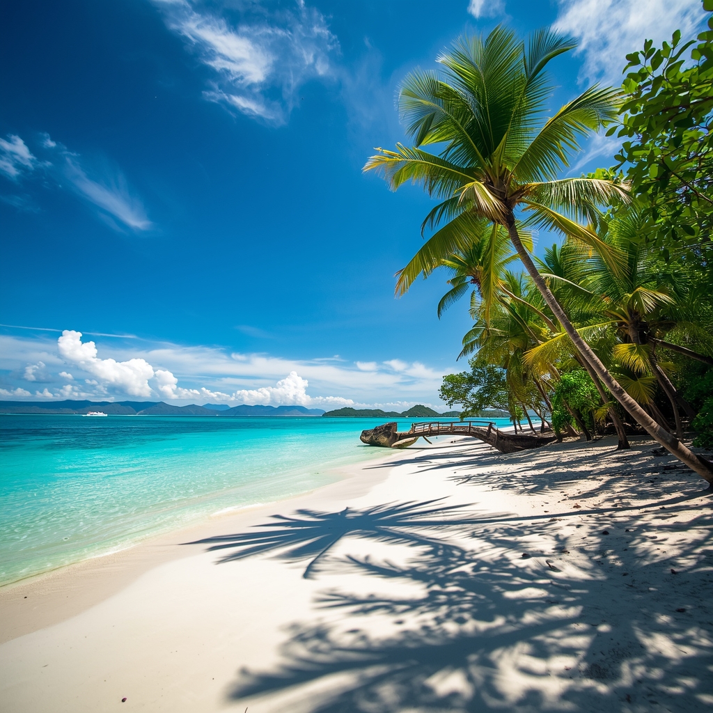 Serene tropical beach with turquoise water and white sand, palm trees, sunny day, travel photography, ultra detailed, no humans